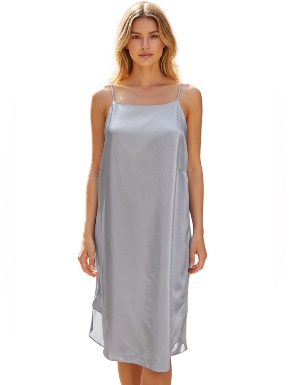 Amanda Uprichard Blue Satin Slip Dress Round Hem with Spaghetti Straps L